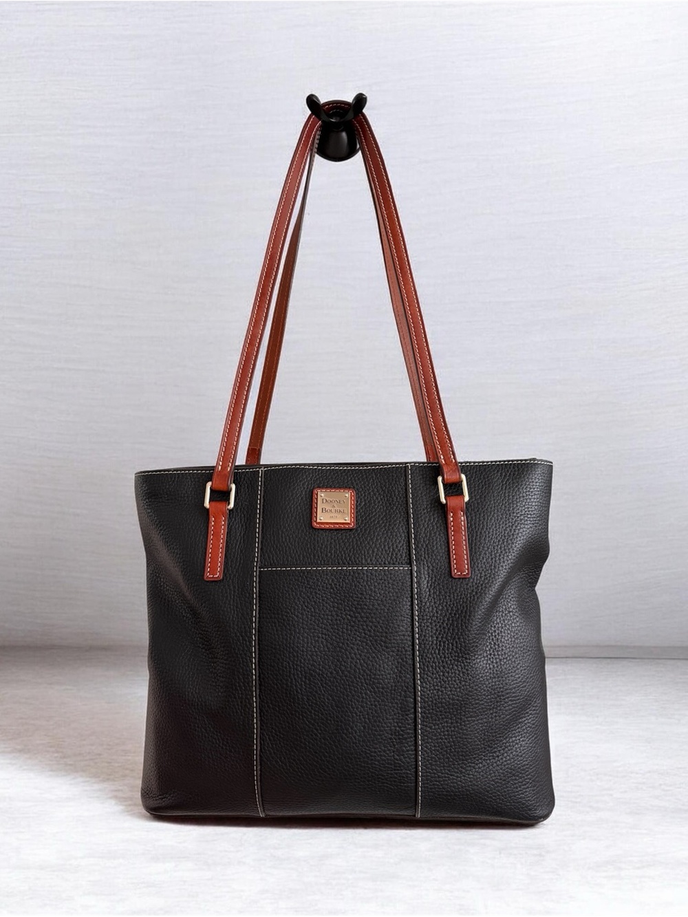 Dooney & Bourke Lexington Black Pebbled Leather Tote Brown Handles White Trim
